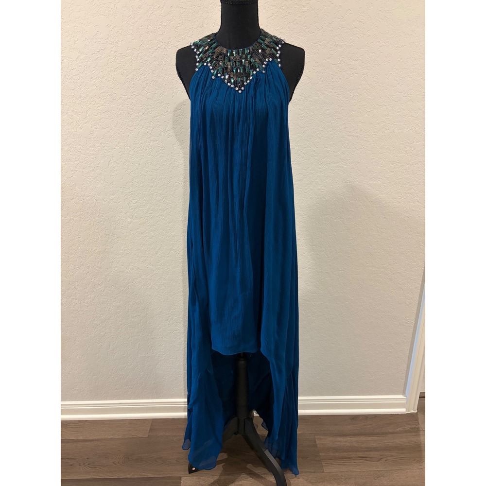 Aidan Mattox Silk Halter High-Low Gown Beaded Neck Teal Blue 6 NEW
